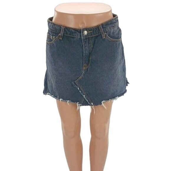 Forever 21 Womens M Blue Denim Mini Skirt Raw Hem Distressed Asymmetrical Cut - Picture 1 of 5
